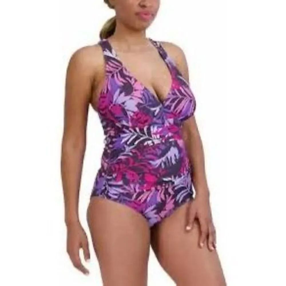 Eddie Bauer Women’s Size XXL Ruched Shaping One Piece Swimsuit Purple UV NWT